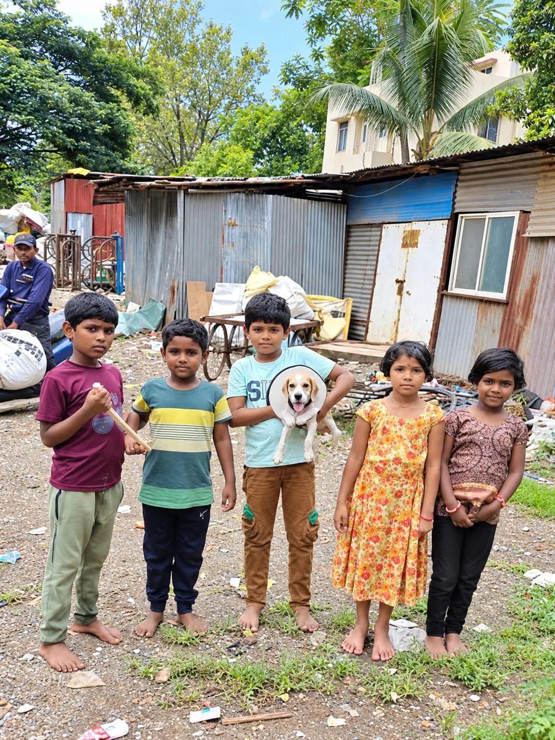 Children caring for and spending time with a rescued puppy in their community